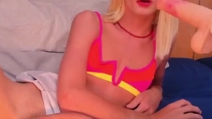 Skinny blond Transgirl In stockings Tugs Her big penis On web camera
