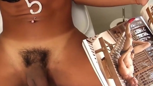 Skinny Ladyboy In Jean Shorts stroking In Her bathroom